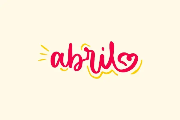 Logo of the word 'abril' in pink cursive with yellow decorative strokes and a heart at the end on a pale background.