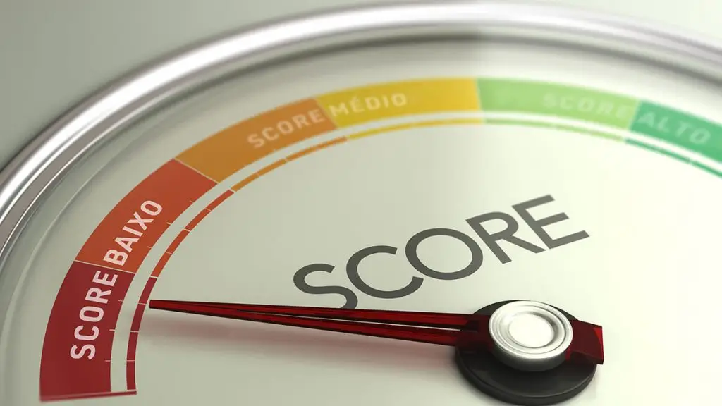 Close-up of a score meter with a red needle pointing to the low range labeled 'SCORE BAIXO'. Visual gauge shows red, orange, yellow, and green zones.