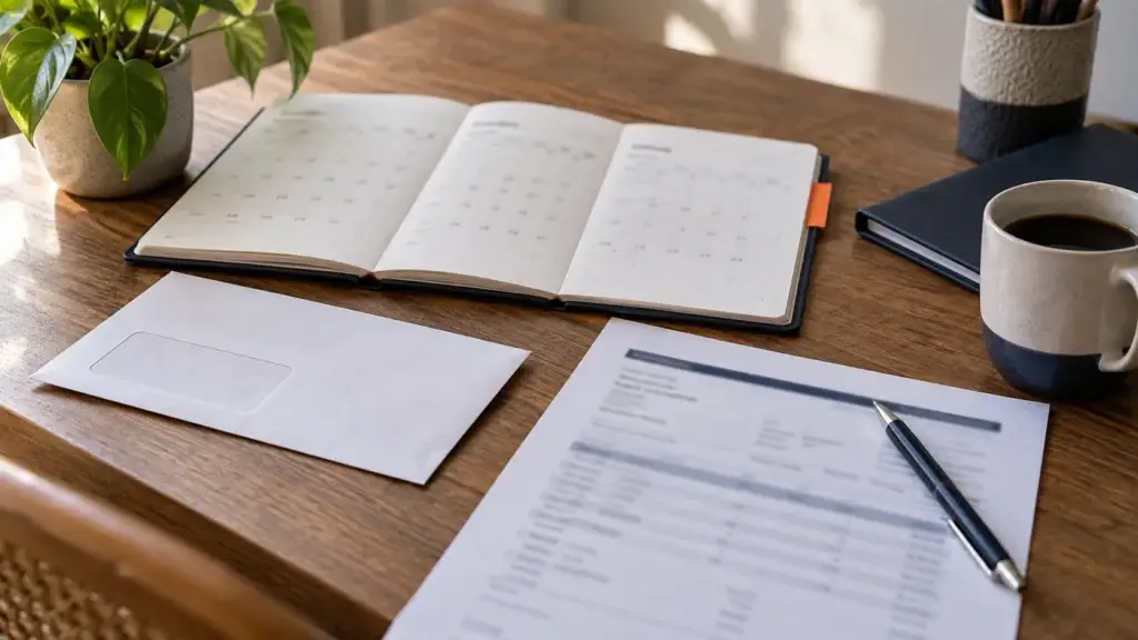 Agenda e documentos organizados para planejar compromissos de fim de ano.