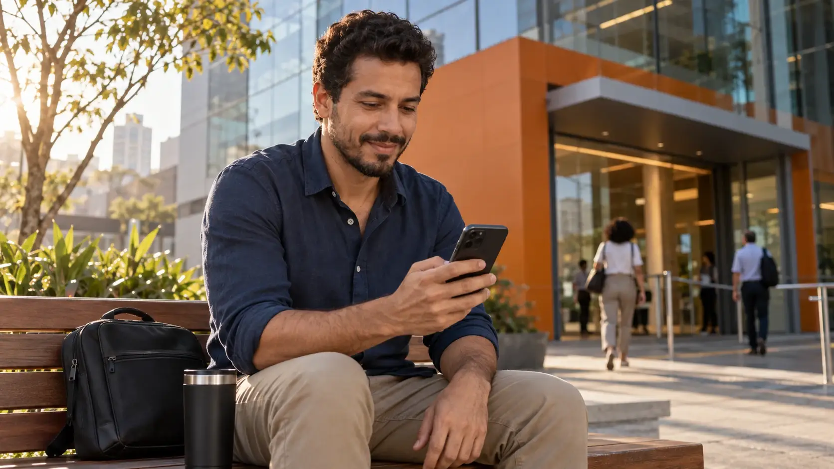 Homem consultando o celular em um banco de praça diante de um edifício comercial.