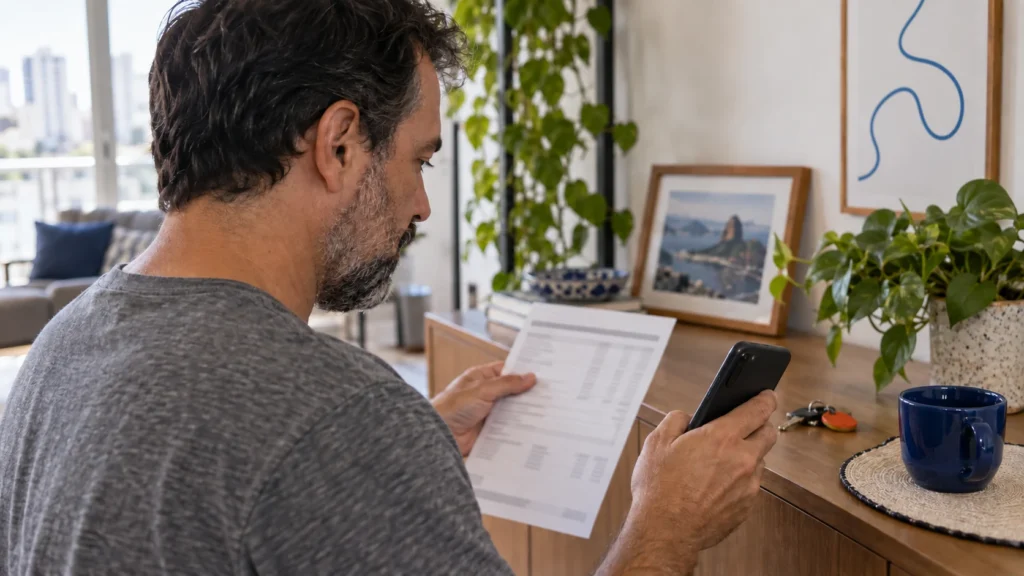 Homem confere no extrato e no celular os juros do cheque especial.