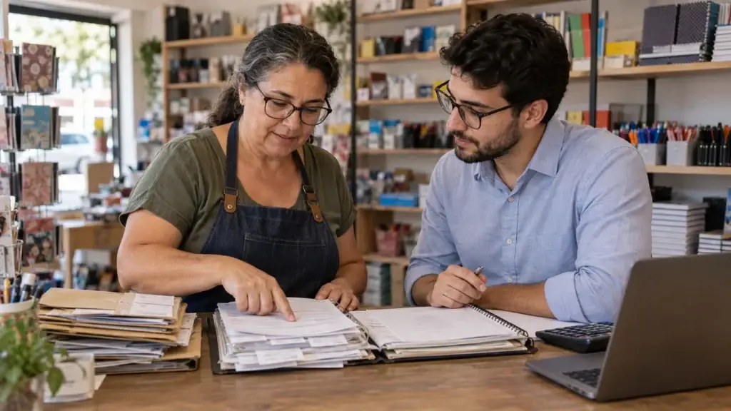 Dona de uma pequena loja e contador conferem os registros do mês para calcular o DAS do Simples Nacional.