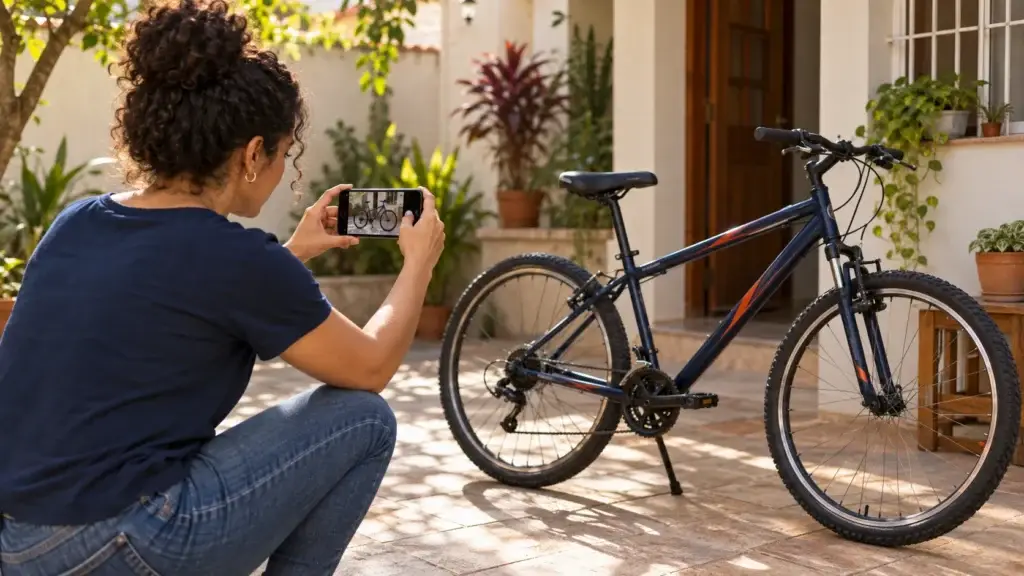 Mulher fotografa uma bicicleta no quintal para vendê-la e conseguir dinheiro rápido.