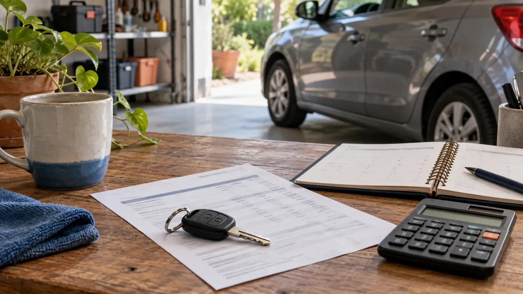 Chave de carro, documentos e calculadora organizados para planejar despesas do veículo.