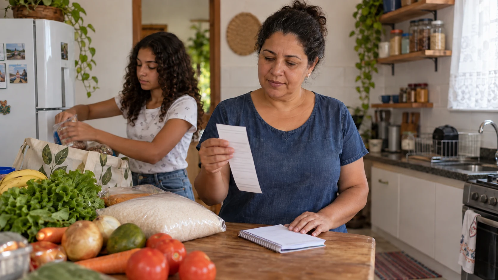 Mulher organiza compras essenciais e confere o orçamento doméstico.