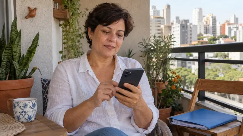 Mulher consulta pelo celular o andamento de informações do Imposto de Renda.