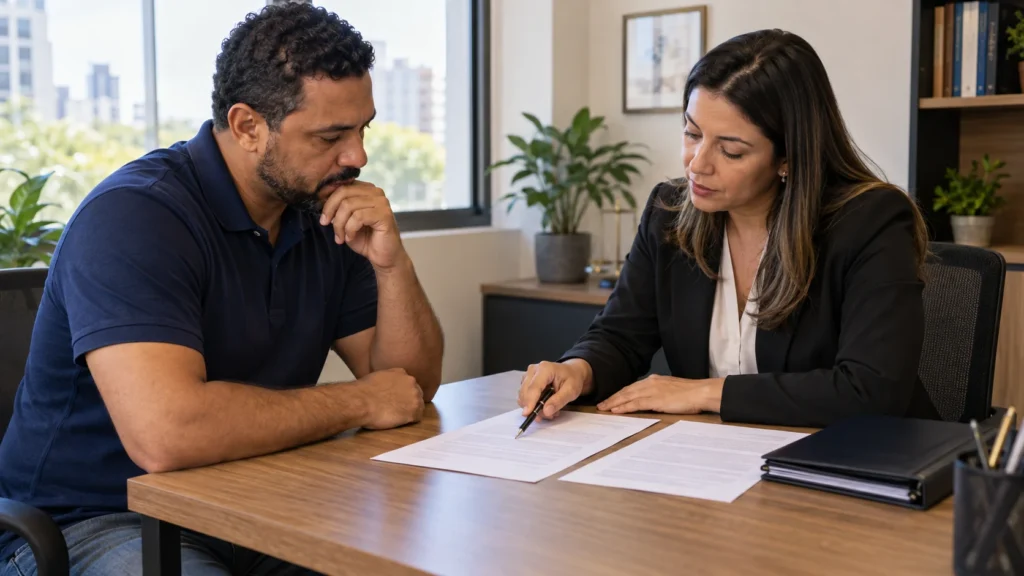 Cliente e assessora analisam documentos de um contrato.
