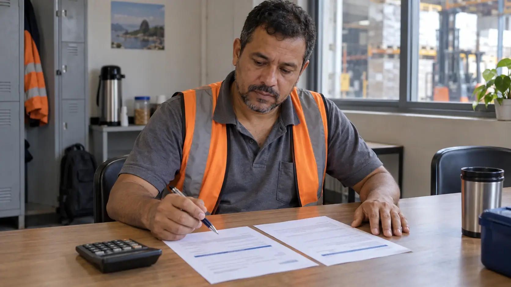 Trabalhador compara propostas de crédito com holerite e calculadora.