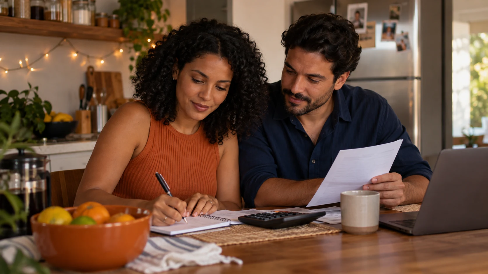Casal fazendo o cálculo do décimo terceiro com caderno e calculadora no planejamento de fim de ano.