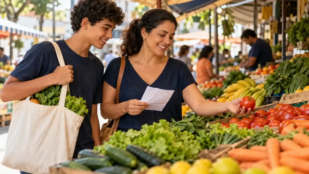 Mãe e filho conferem a lista de compras na feira, uma lição prática de educação financeira.