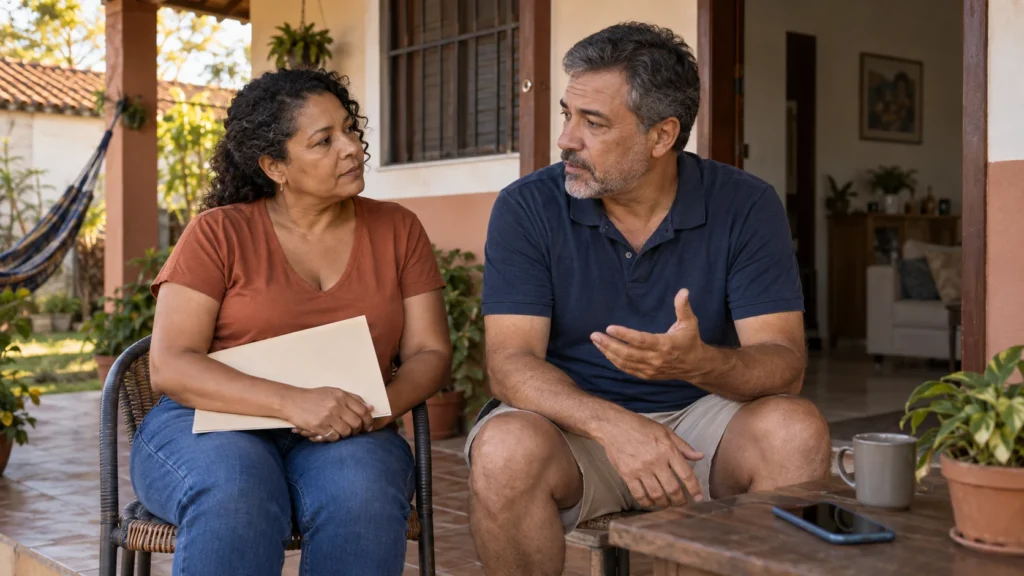 Casal conversa sobre documentos na varanda de casa.