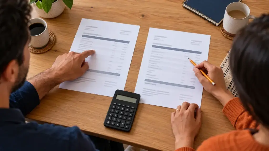 Duas pessoas comparam propostas de empréstimo de 5 mil reais sobre a mesa com calculadora.