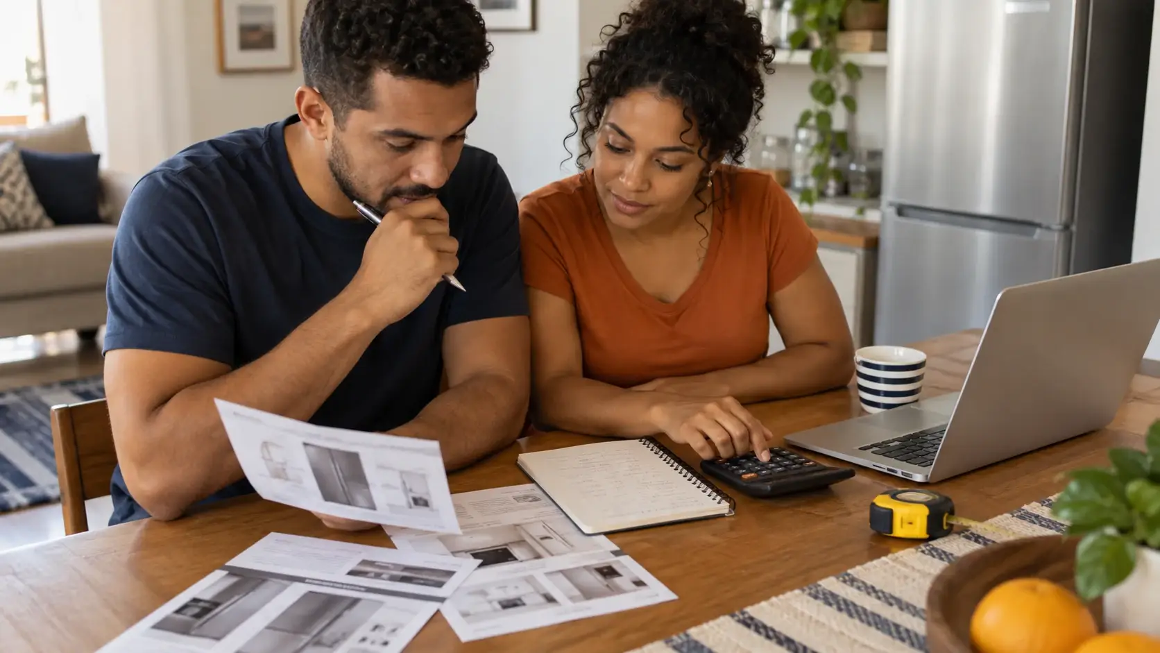 Pessoa planejando uma compra doméstica com calculadora, caderno e fita métrica.
