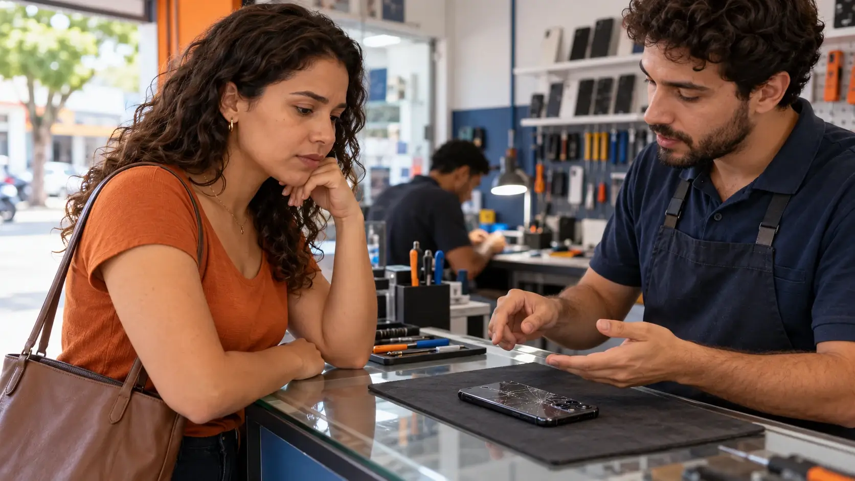 Mulher conversa com um técnico sobre o conserto de um celular.