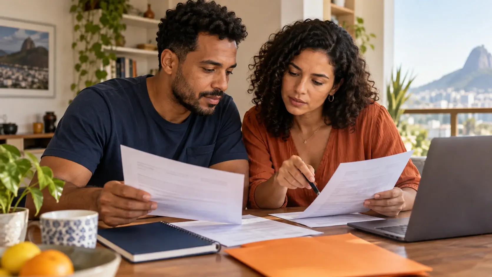 Casal comparando documentos financeiros sobre uma mesa.