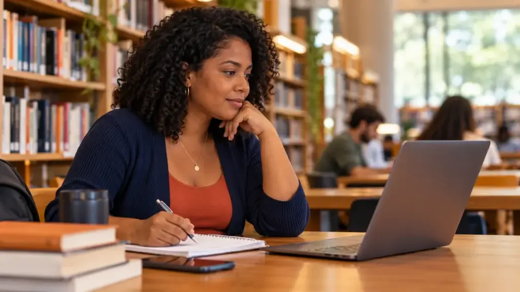 Mulher pesquisa no notebook um empréstimo sem garantia, com anotações em uma mesa de biblioteca.