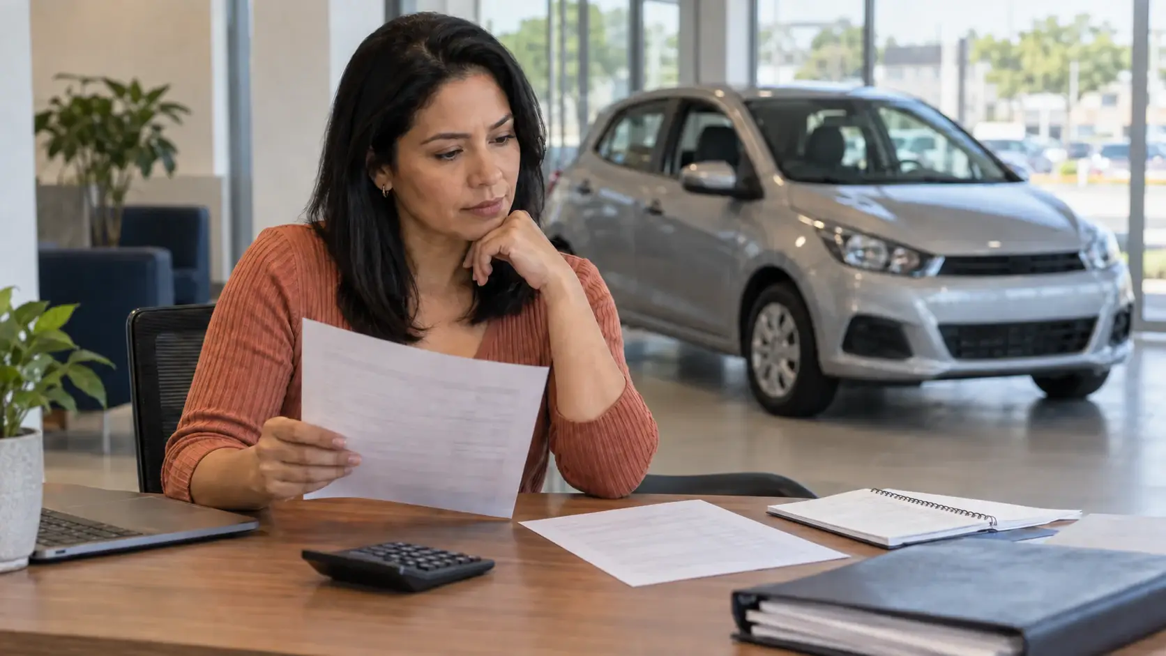 Mulher compara propostas de financiamento com um carro ao fundo.