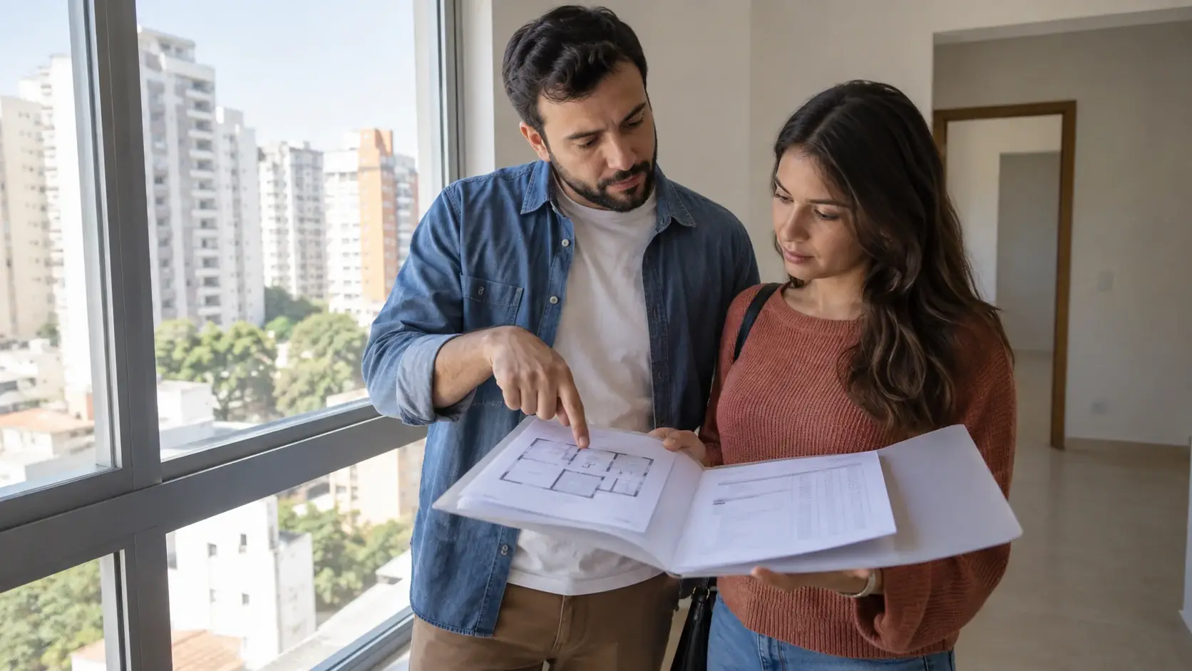 Casal examina documentos e uma planta durante a visita a um apartamento.