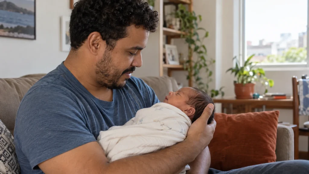 Pai segura um recém-nascido com cuidado em casa.