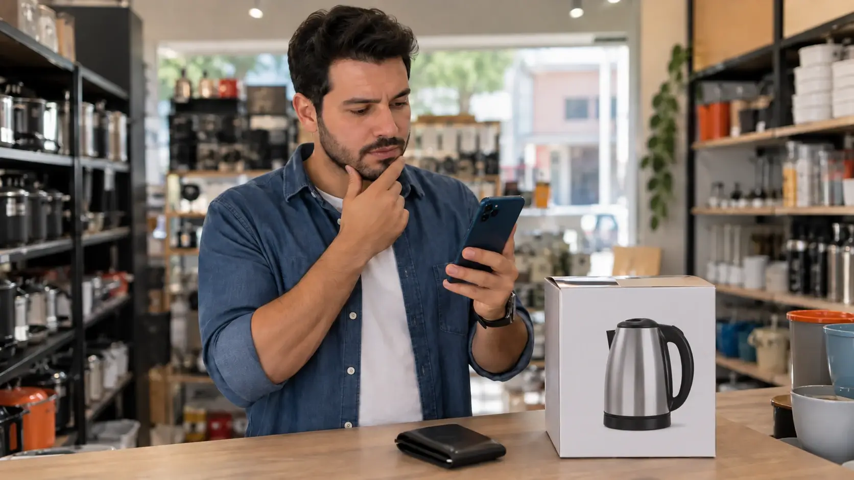 Homem consulta o celular antes de decidir uma compra.