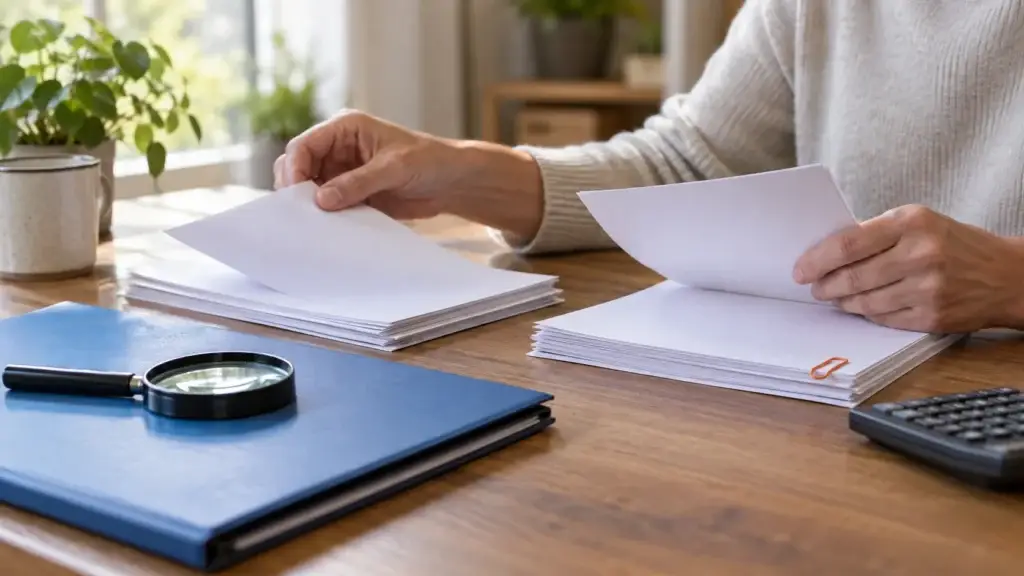 Pessoa organiza documentos para revisar a declaração do Imposto de Renda.