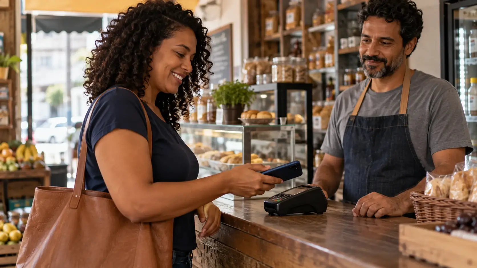 Cliente usando o celular junto a uma máquina de pagamento em um comércio.