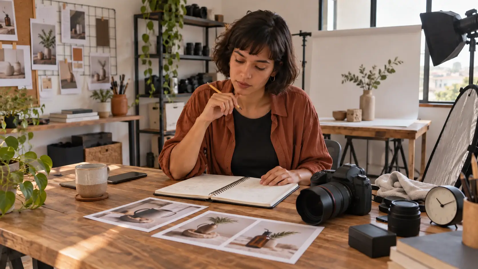Fotógrafa freelancer planeja um projeto com agenda, relógio e equipamento no estúdio.