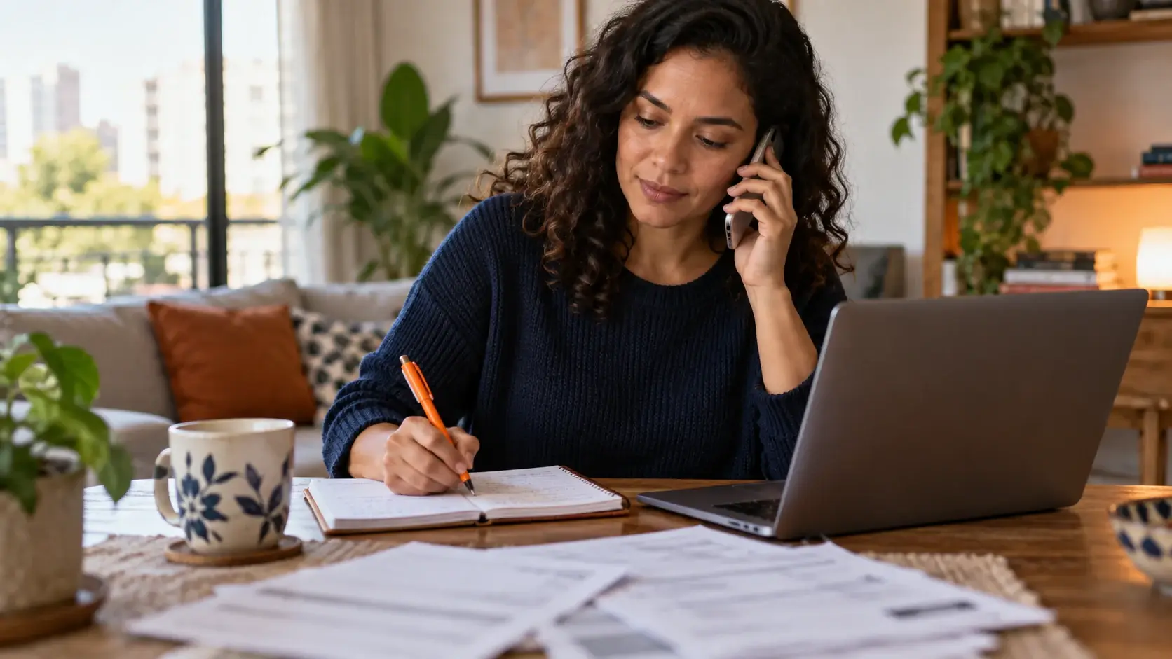 Mulher anotando informações durante uma ligação de atendimento financeiro.