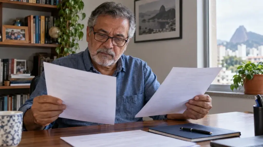 Homem compara propostas por escrito antes de fechar um acordo.