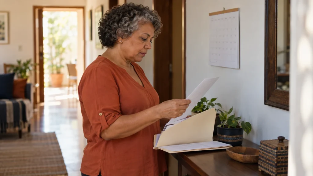 Mulher madura organiza documentos e acompanha um calendário em casa.