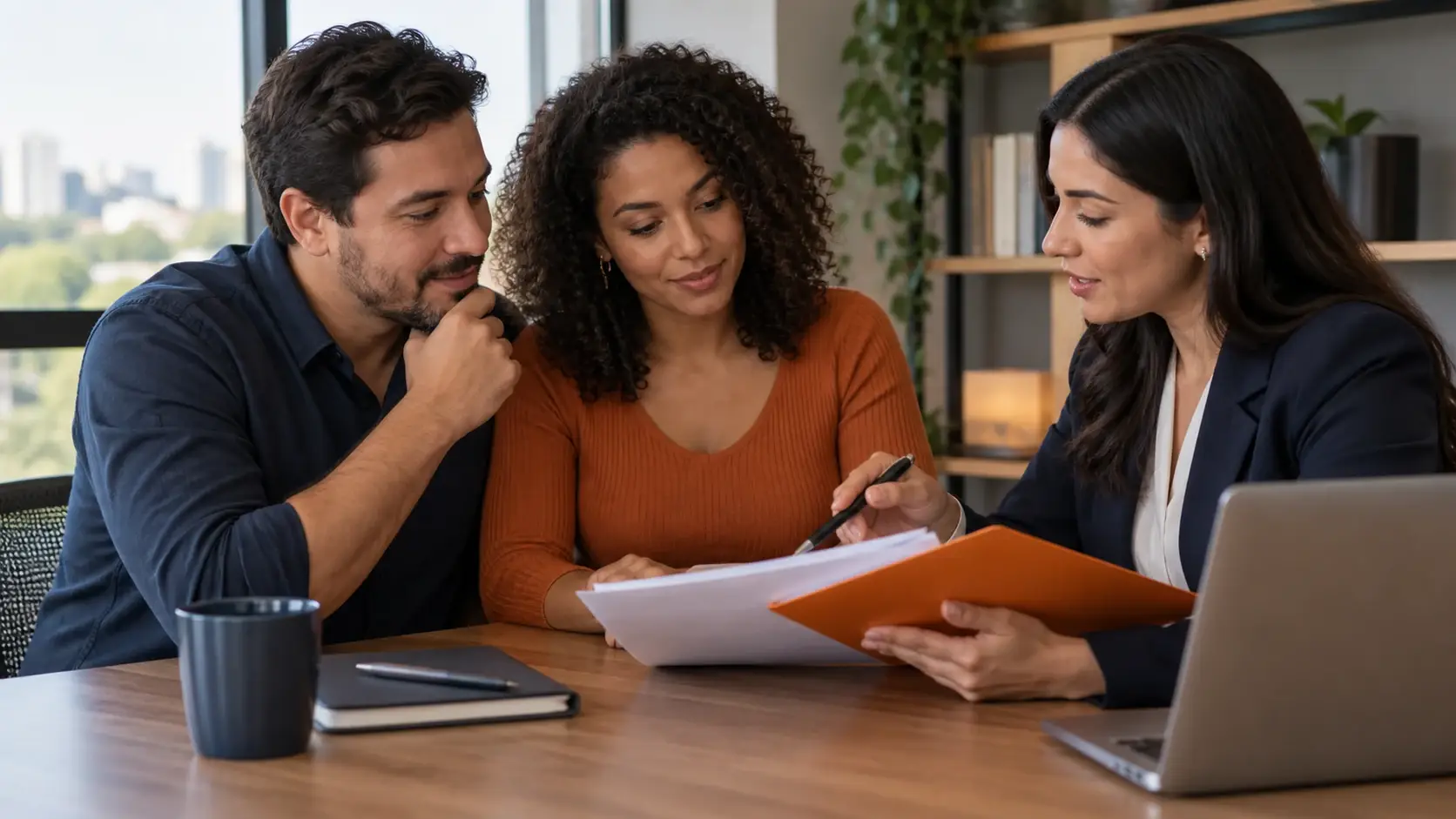 Casal analisando um contrato com uma profissional de atendimento.