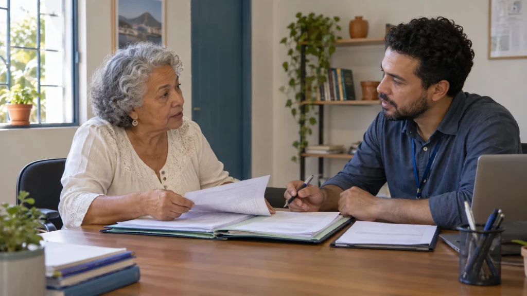Mulher recebe orientação sobre documentos e organização de dívidas.