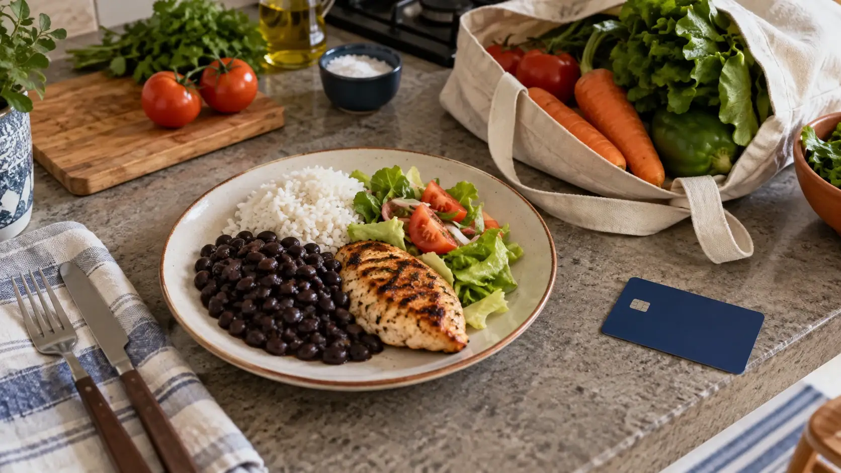 Prato de comida pronta ao lado de uma sacola com alimentos frescos.