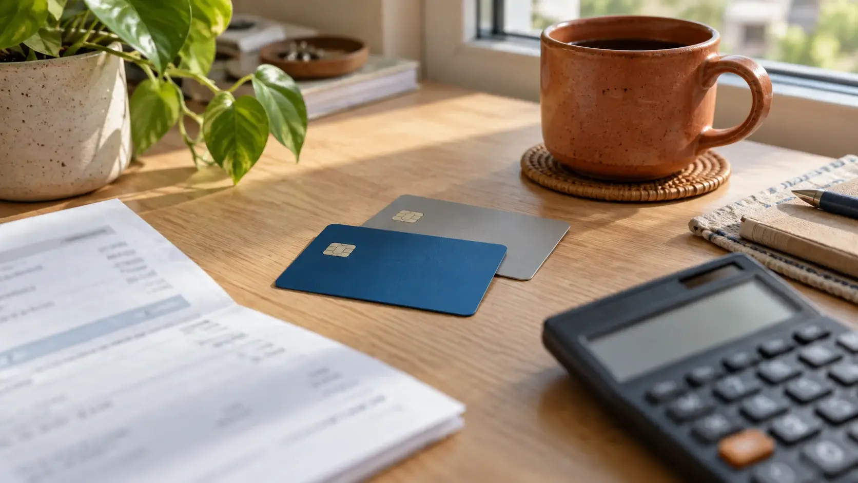 Dois cartões sem identificação ao lado de calculadora e documentos sobre uma mesa.