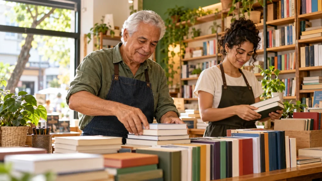 Homem de cabelos grisalhos organiza livros com uma colega em uma livraria.
