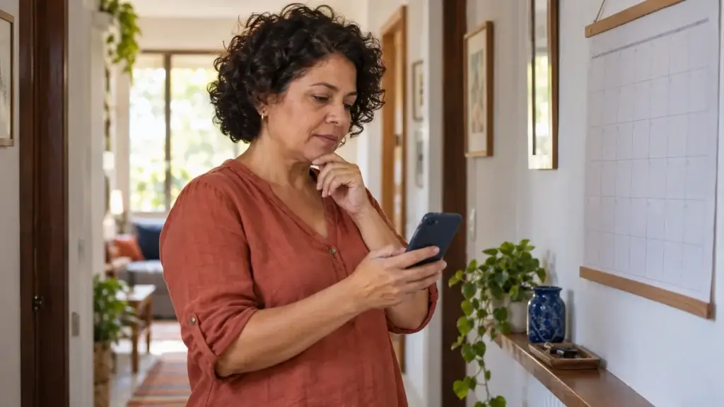 Mulher consultando o celular ao lado de um calendário de parede desfocado.