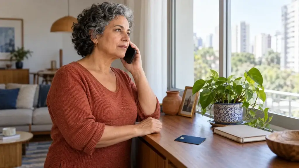 Mulher ao telefone com um cartão sobre o aparador de casa.