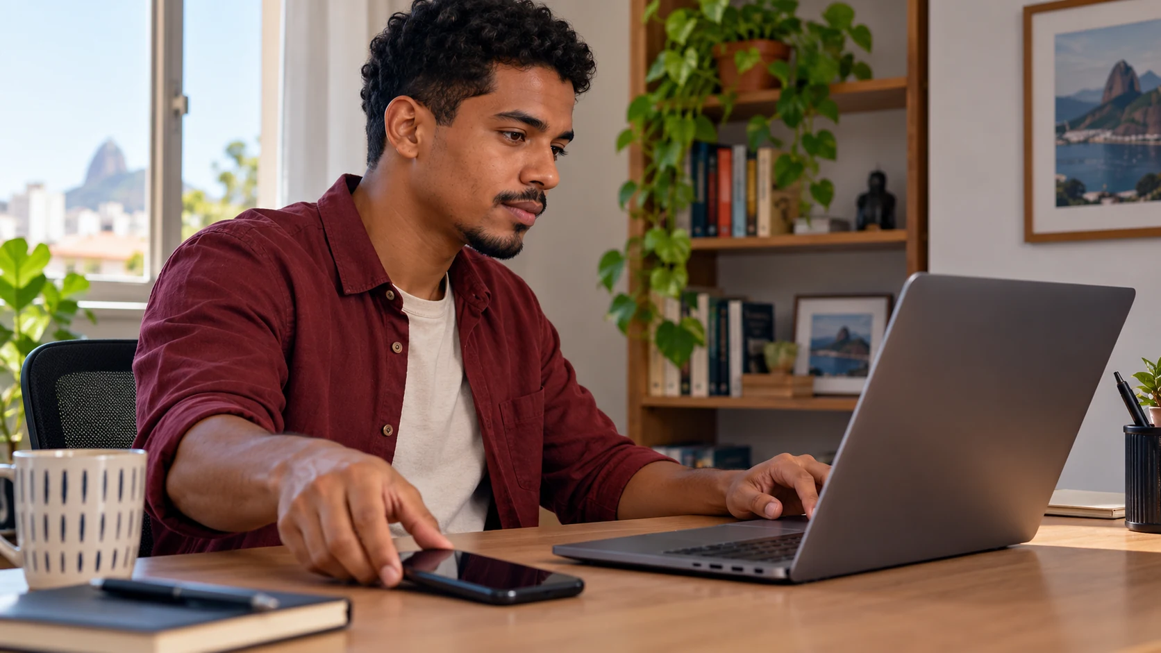 Homem alterna entre celular e notebook em uma mesa de trabalho.