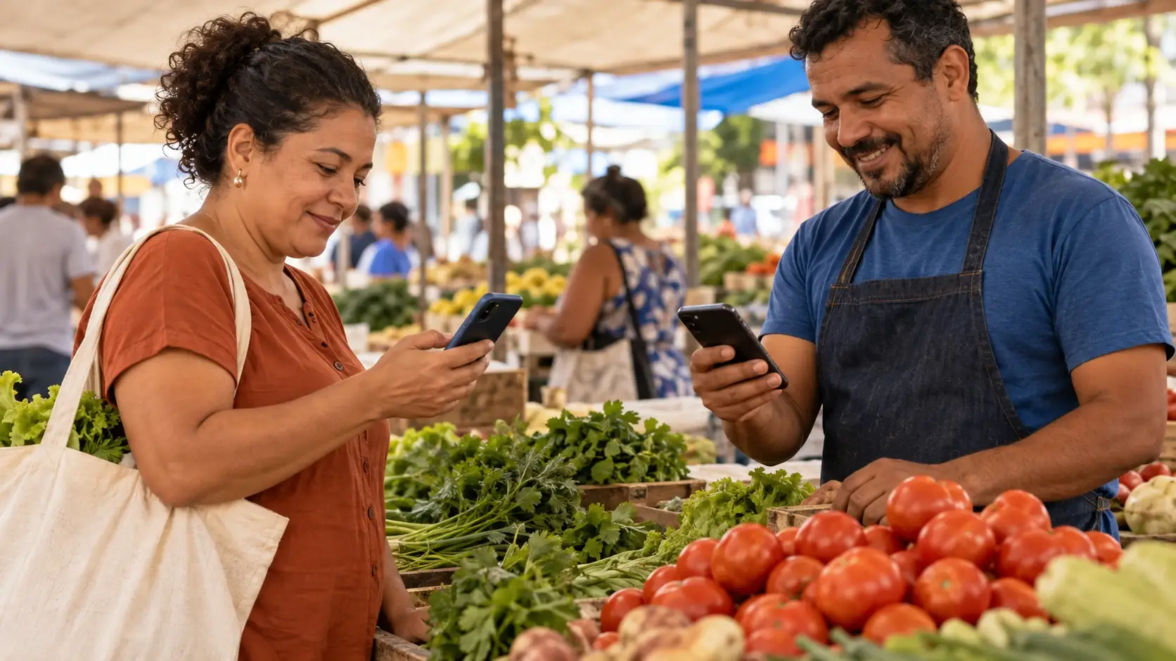 Cliente e feirante usam o celular na banca de verduras para mostrar como funciona o Pix.