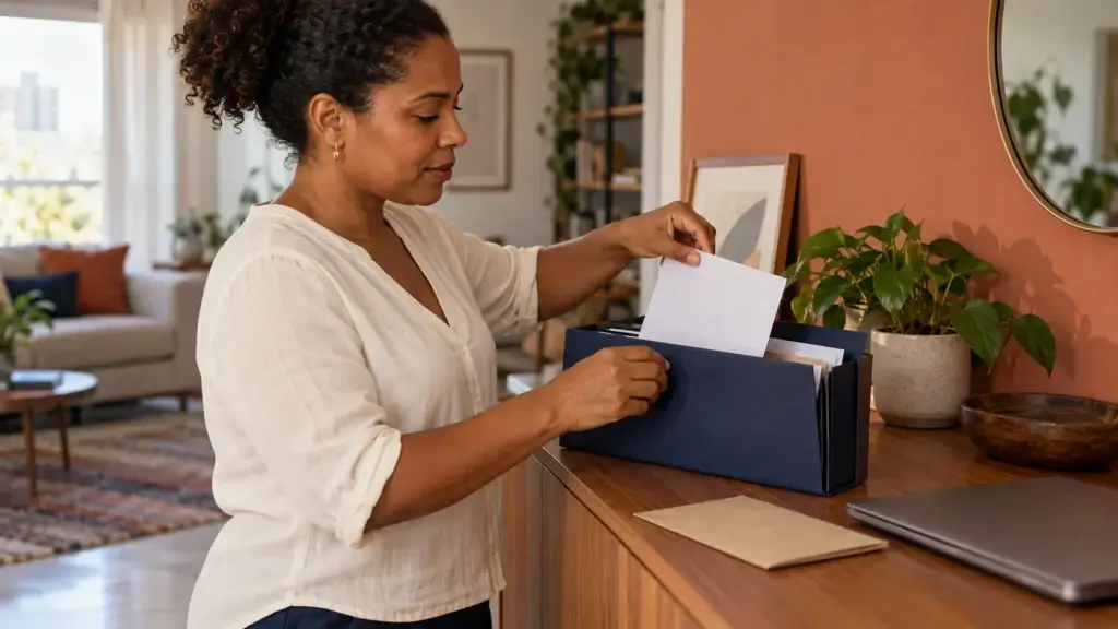 Mulher guardando um documento em uma pasta azul em casa.
