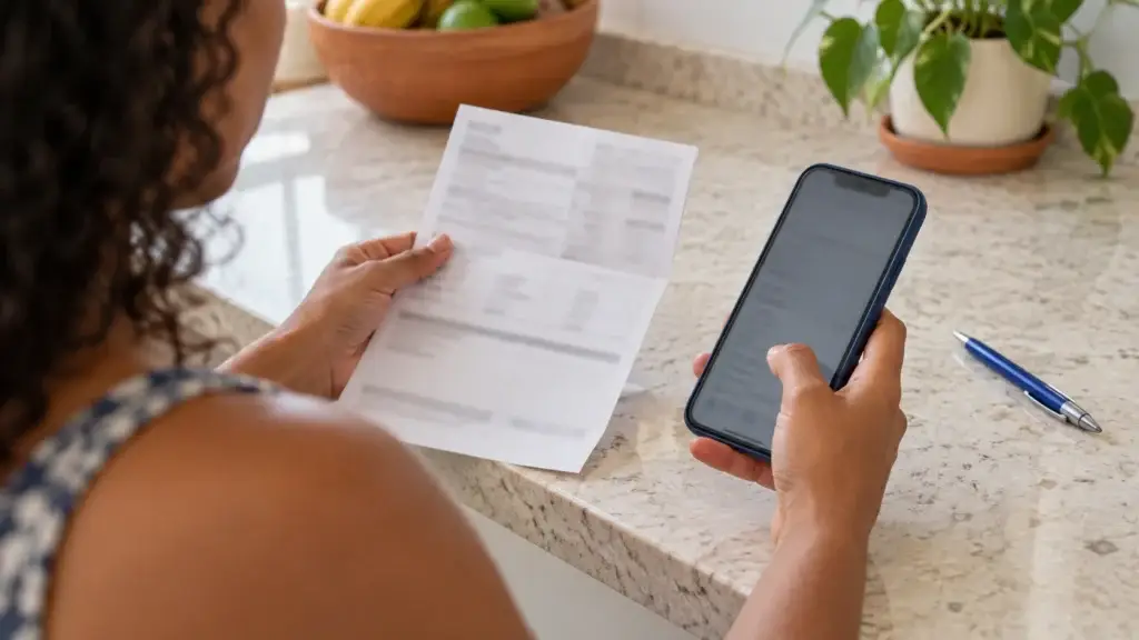 Pessoa confere um documento bancário no celular depois de colocar a conta errada no FGTS.