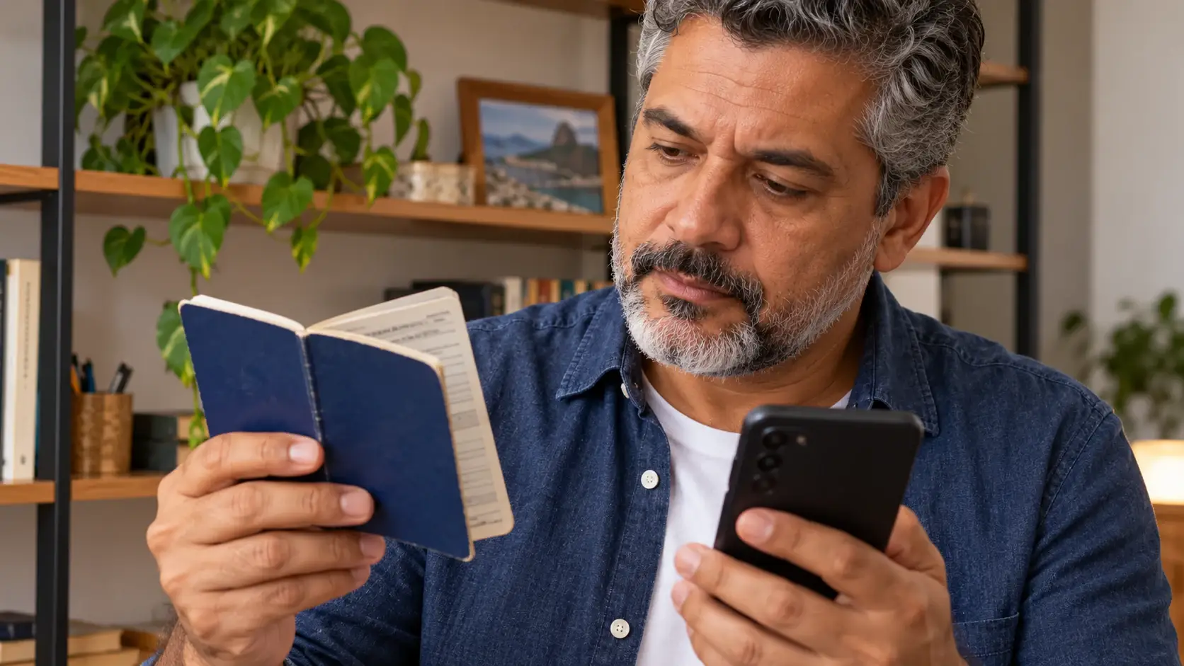 Homem confere uma caderneta antiga e o celular em casa.