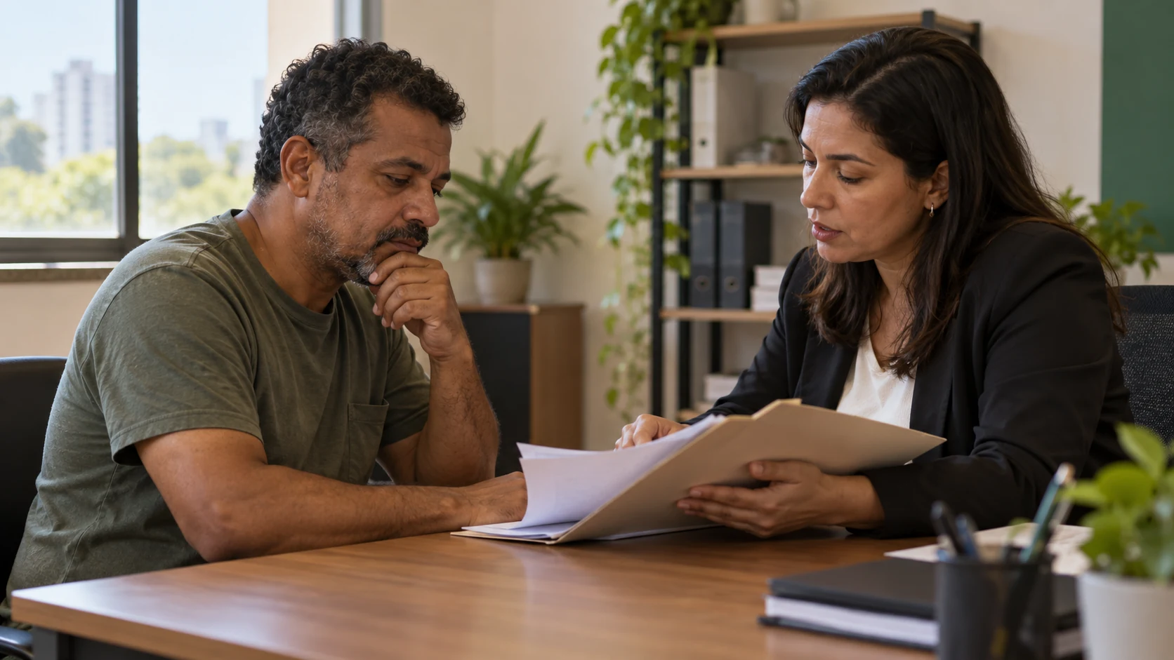 Trabalhador e orientadora conferem documentos em um escritório.