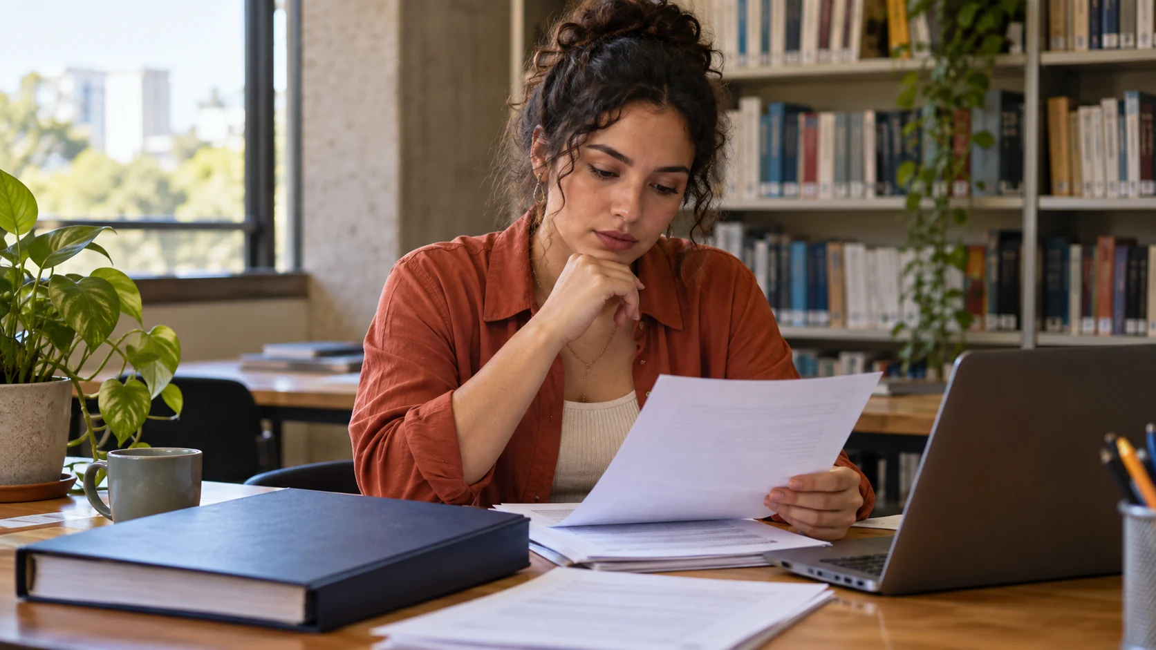 Pessoa revisa documentos em um ambiente de estudo universitário.