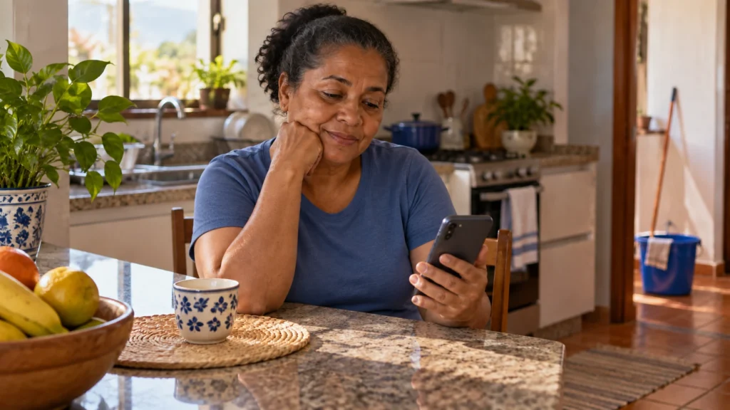 Trabalhadora consulta o celular durante uma pausa na cozinha.