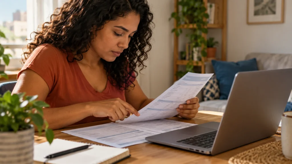 Mulher confere o dígito verificador (DV) da conta ao preencher os dados bancários no notebook.