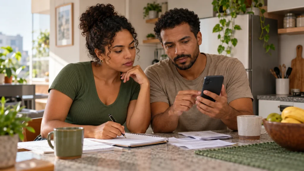 Casal analisa um celular e anotações na bancada da cozinha.