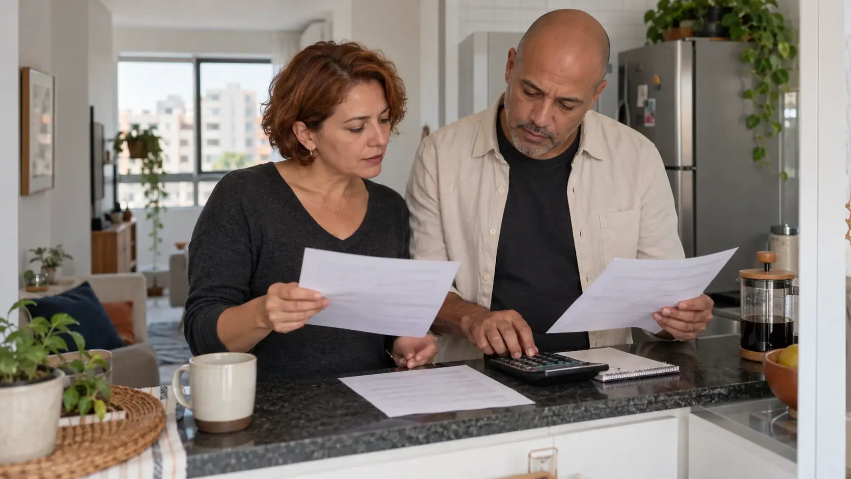Casal compara documentos e calcula despesas em casa.