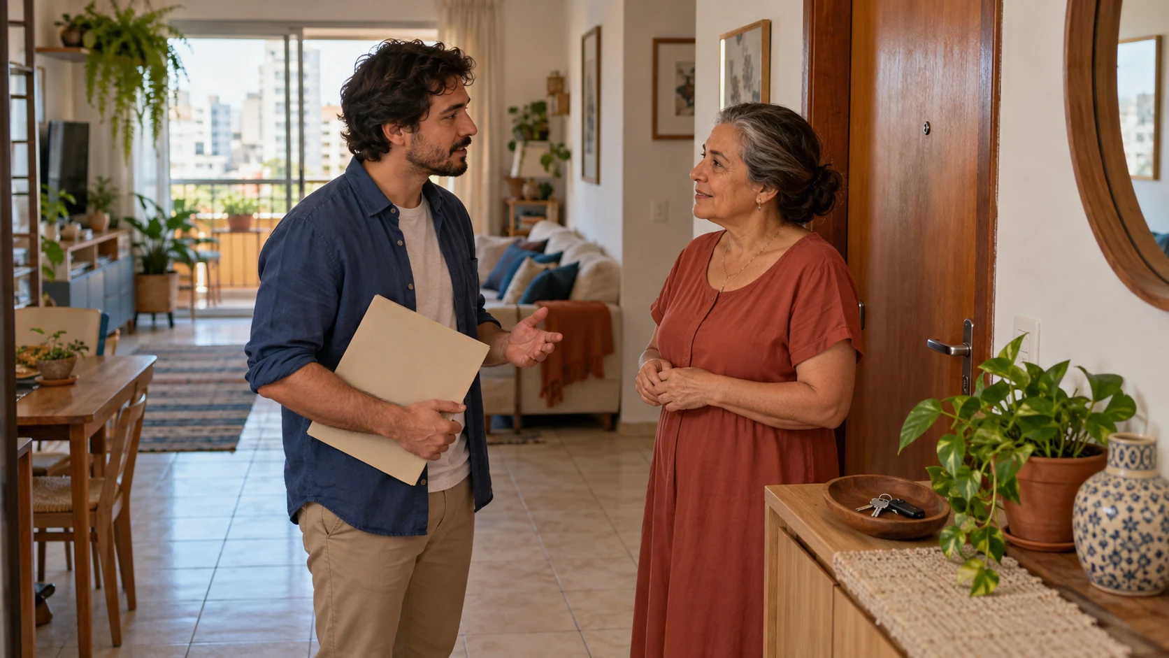 Morador conversa sobre documentos na entrada de um apartamento.