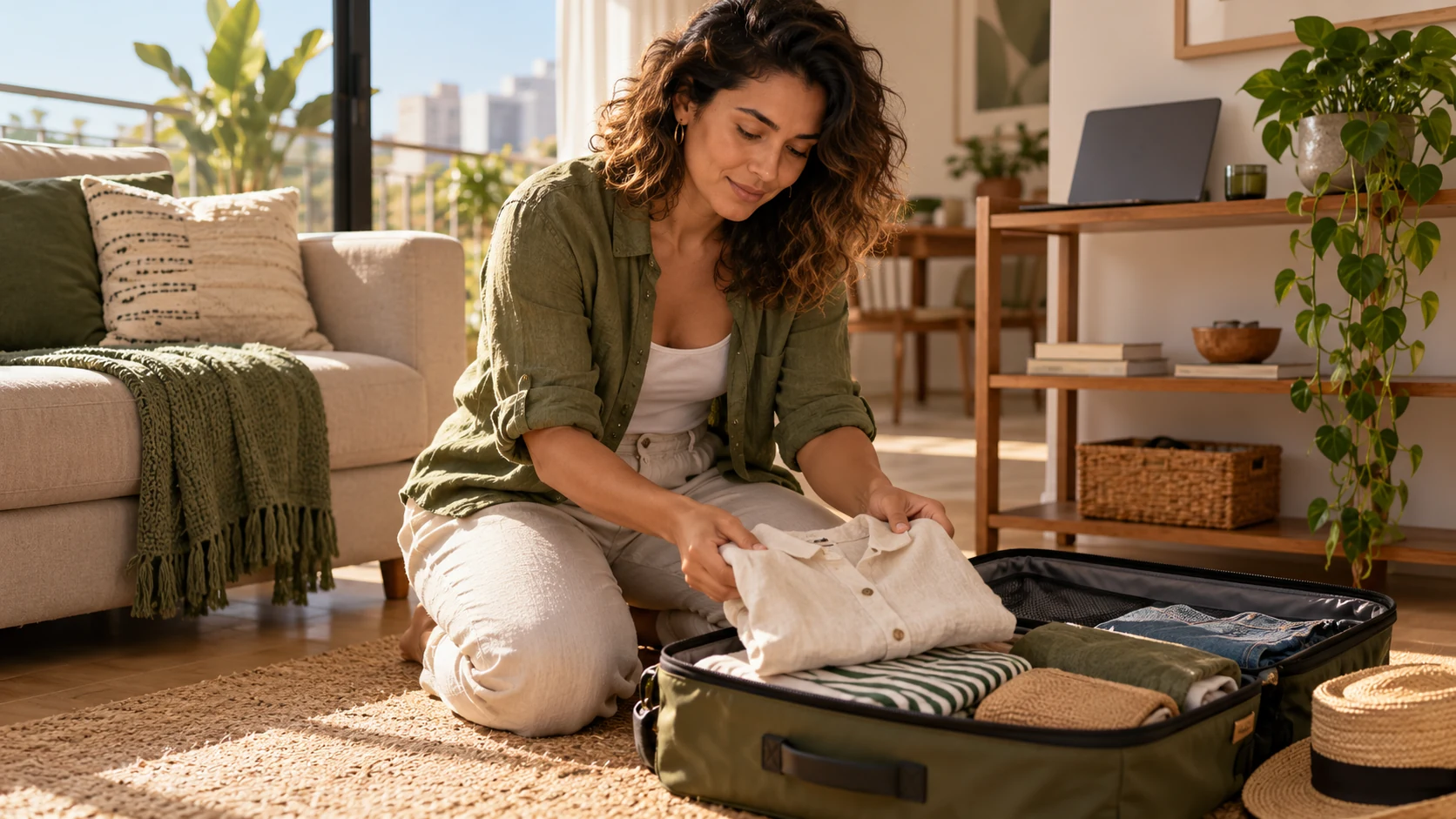 Mulher arruma roupas em uma bolsa de viagem em casa.